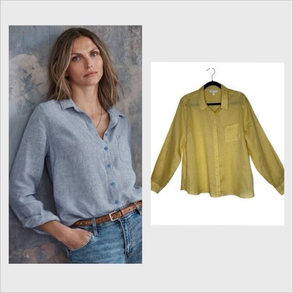 Garnet Hill Easy Linen Button Up Shirt Yellow Size 16 Casual, Boho, Classic